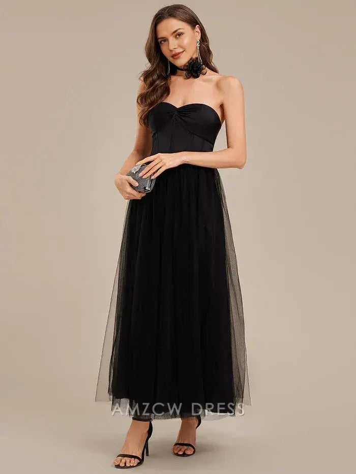 Elegant A-Line Strapless Corset Bodice Tulle Midi Dress with Halter Back Prom Dress