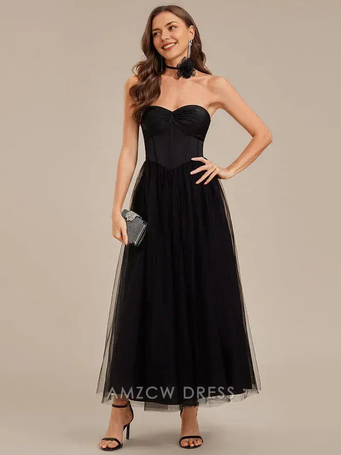 Elegant A-Line Strapless Corset Bodice Tulle Midi Dress with Halter Back Prom Dress