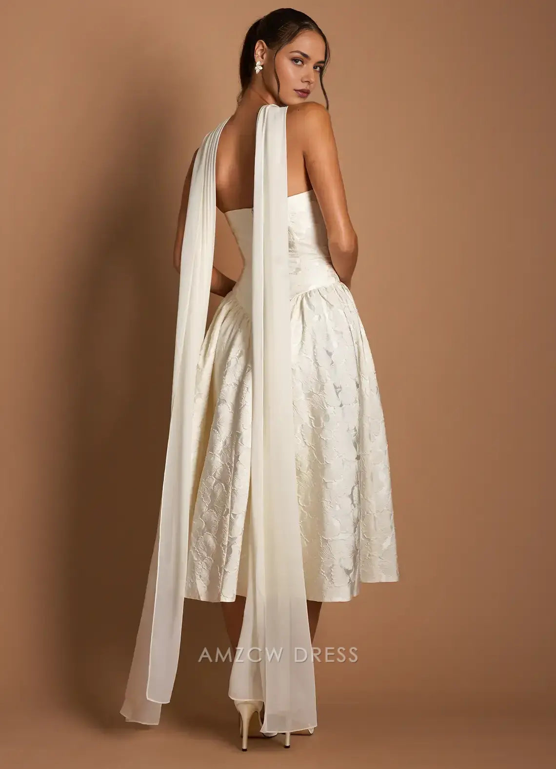 Elegant A-Line Strapless Jacquard Midi Dress with Long Scarf Detail Prom Dress