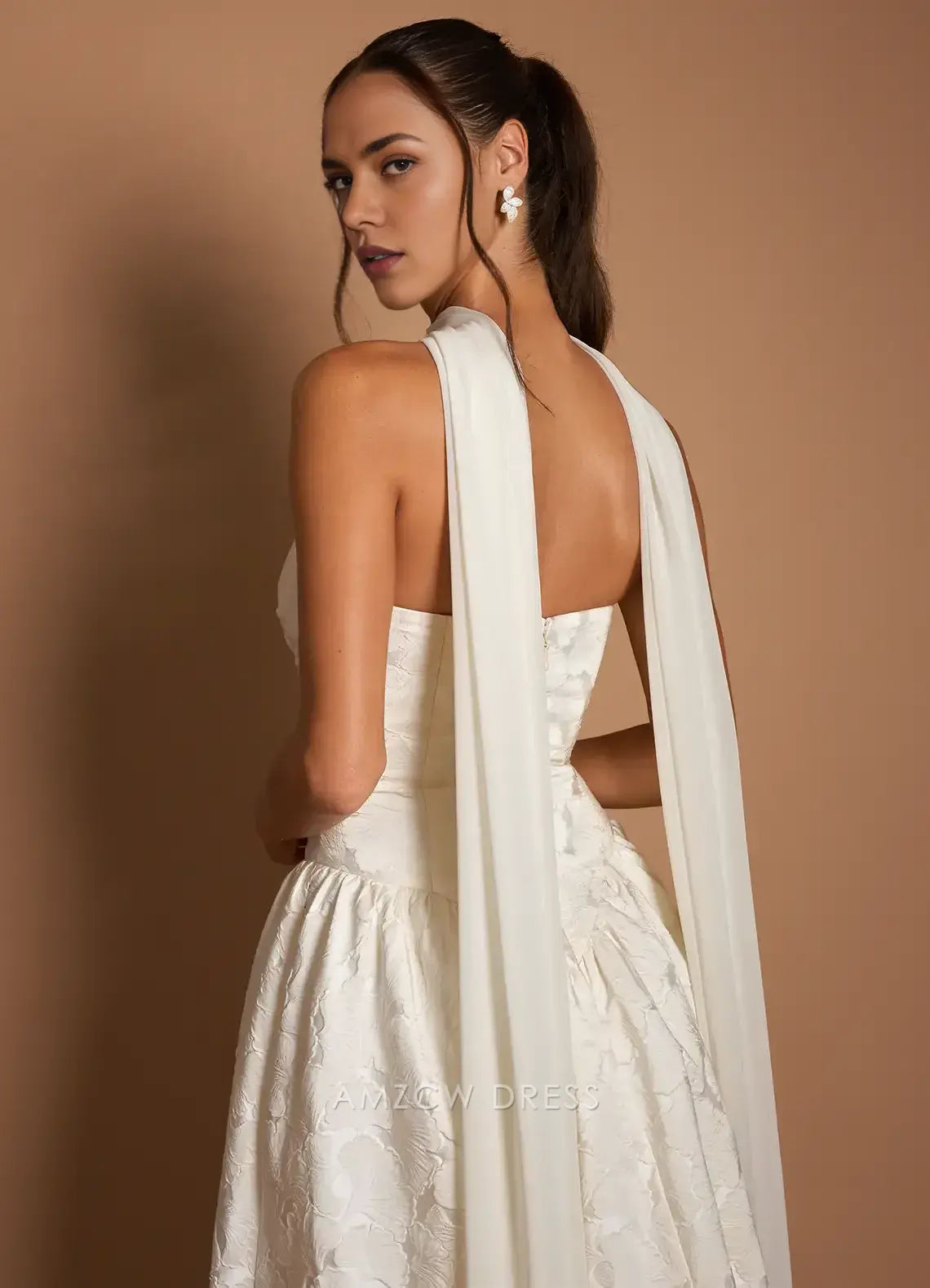 Elegant A-Line Strapless Jacquard Midi Dress with Long Scarf Detail Prom Dress