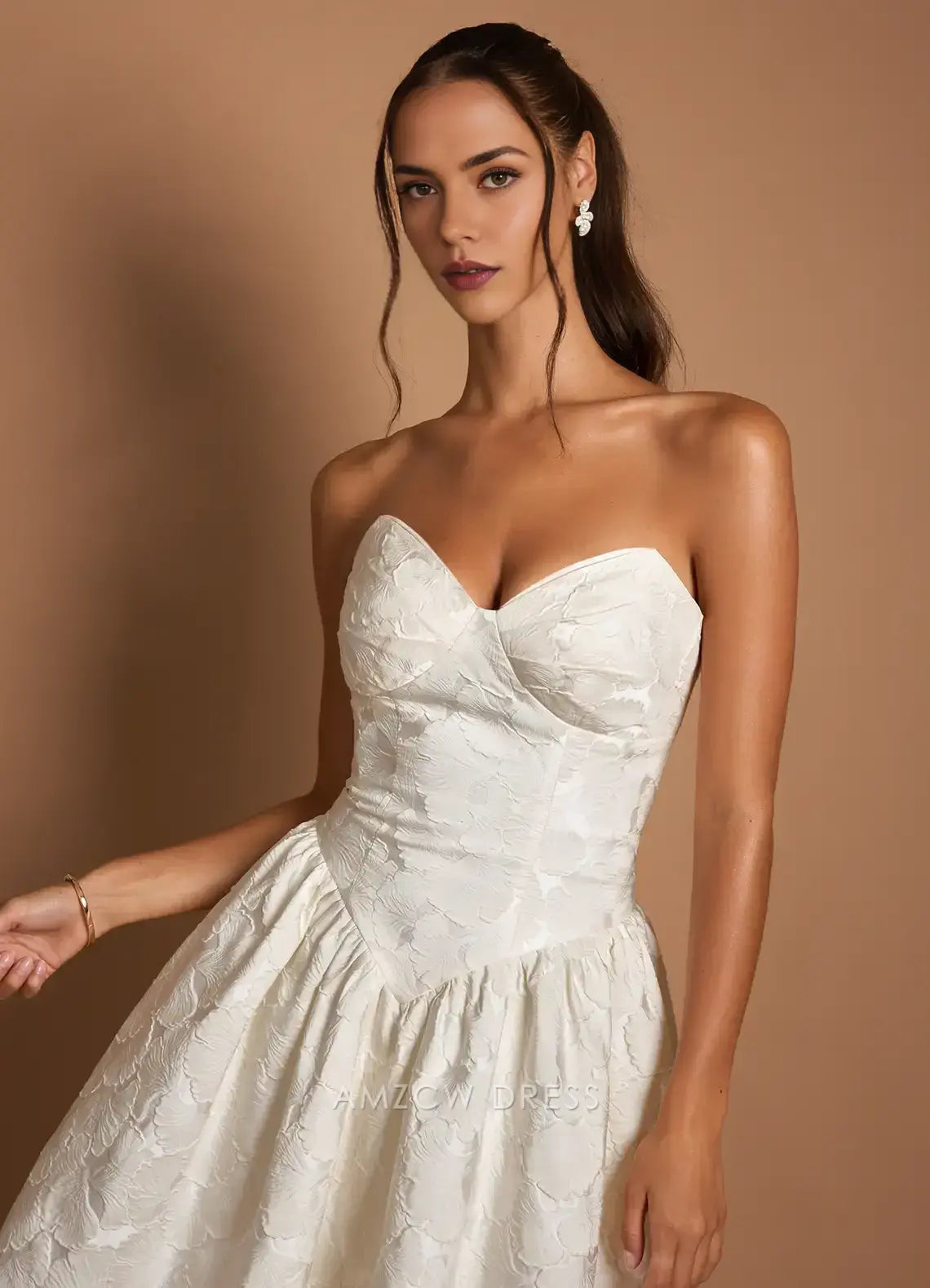 Elegant A-Line Strapless Jacquard Midi Dress with Long Scarf Detail Prom Dress