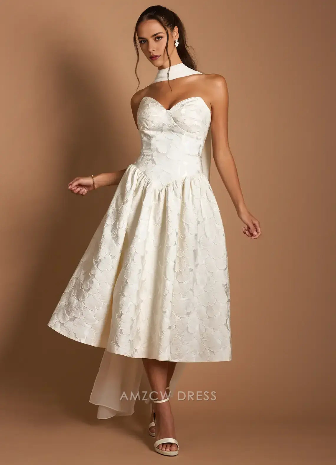 Elegant A-Line Strapless Jacquard Midi Dress with Long Scarf Detail Prom Dress
