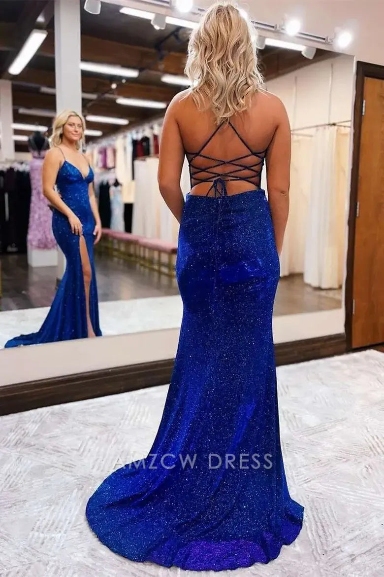 Amzcw Elegant Royal Blue Velvet V-Neck Lace-Up Long Formal Dress