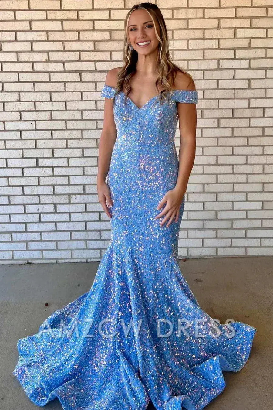 Amzcw Elegant Blue Iridescent Sequin Off-the-Shoulder Trumpet Prom Dress