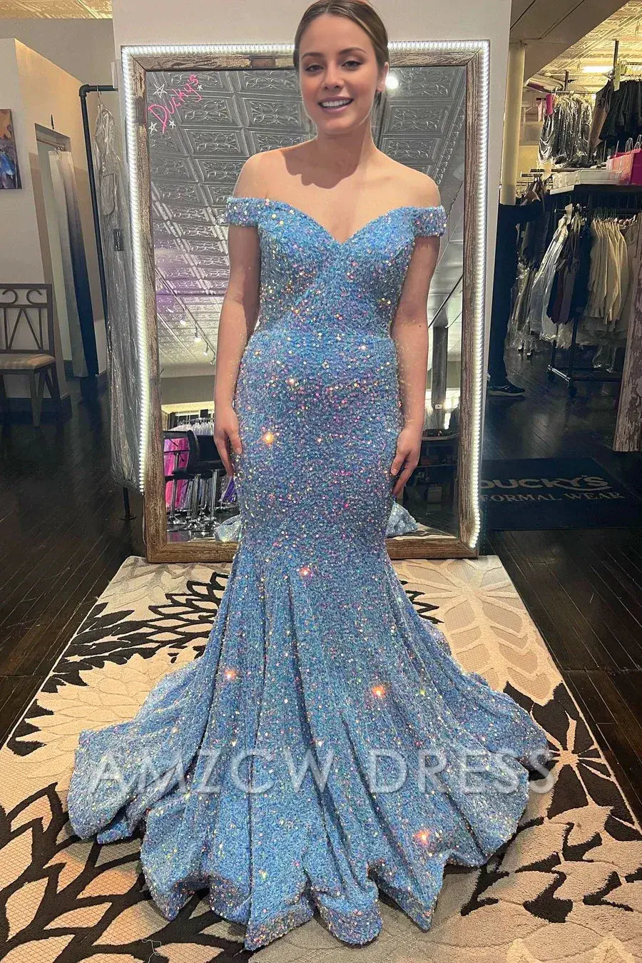 Amzcw Elegant Blue Iridescent Sequin Off-the-Shoulder Trumpet Prom Dress