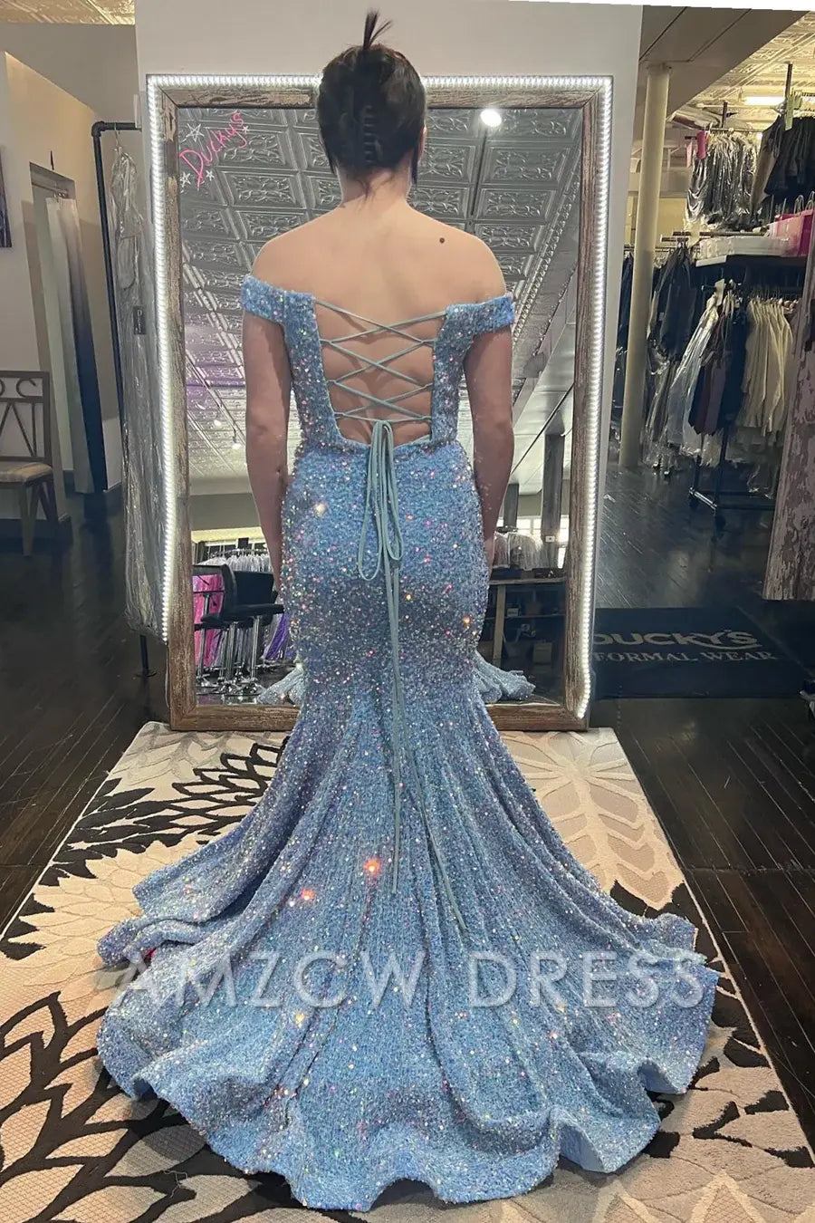 Amzcw Elegant Blue Iridescent Sequin Off-the-Shoulder Trumpet Prom Dress