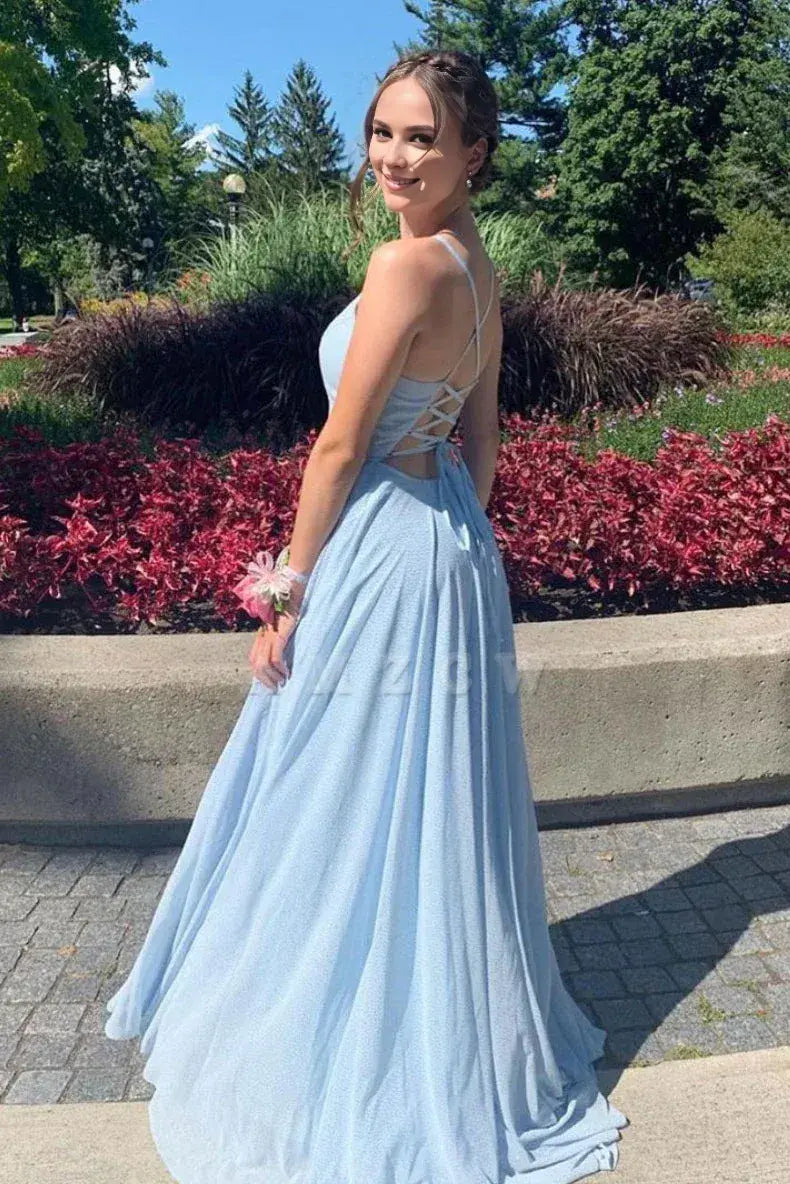 Amzcw Elegant Blue v neck tulle long prom dress blue evening dress New Arrivals