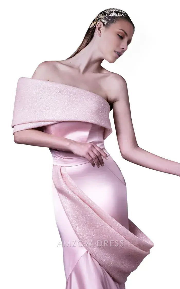 Elegant Blush Pink Satin & Glitter Fabric Off-the-Shoulder Draped Mermaid Formal Gown Prom Dress