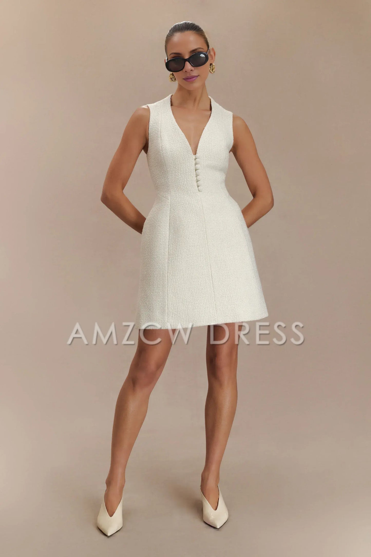 Amzcw Elegant Boucle Mini Dress With Pleats formal wear dresses - White 