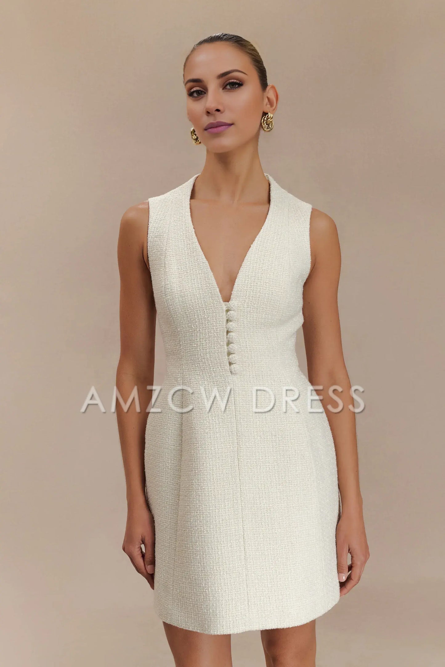 Amzcw Elegant Boucle Mini Dress With Pleats formal wear dresses - White 