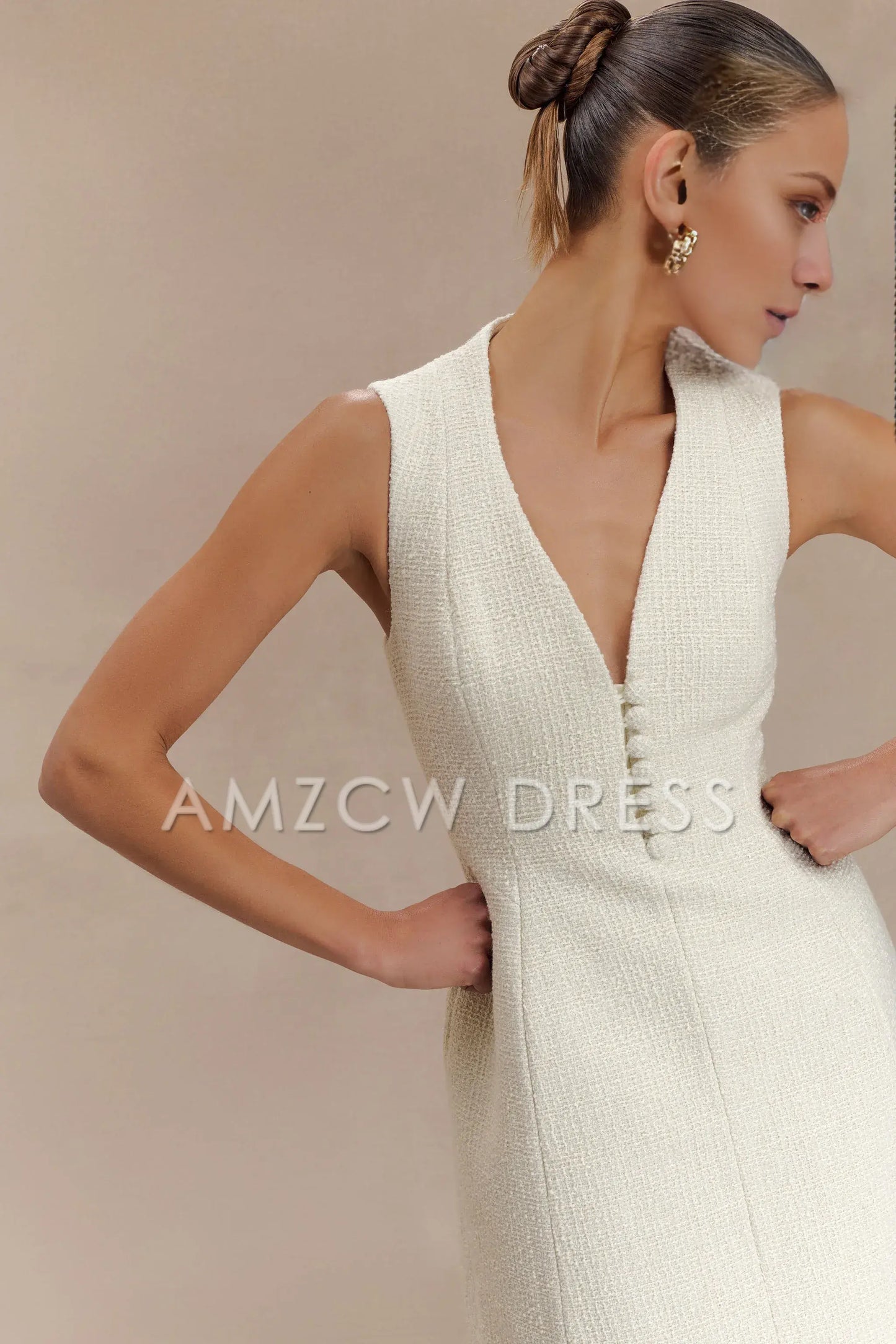 Amzcw Elegant Boucle Mini Dress With Pleats formal wear dresses - White 