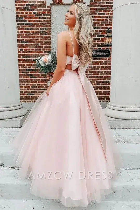 Amzcw Elegant Bow Back Pink A-line Empire-Waist Sleeveless Tulle Long Prom Dress
