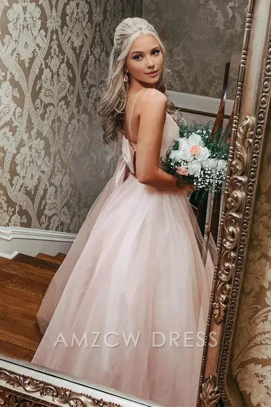 Amzcw Elegant Bow Back Pink A-line Empire-Waist Sleeveless Tulle Long Prom Dress