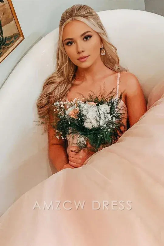 Amzcw Elegant Bow Back Pink A-line Empire-Waist Sleeveless Tulle Long Prom Dress