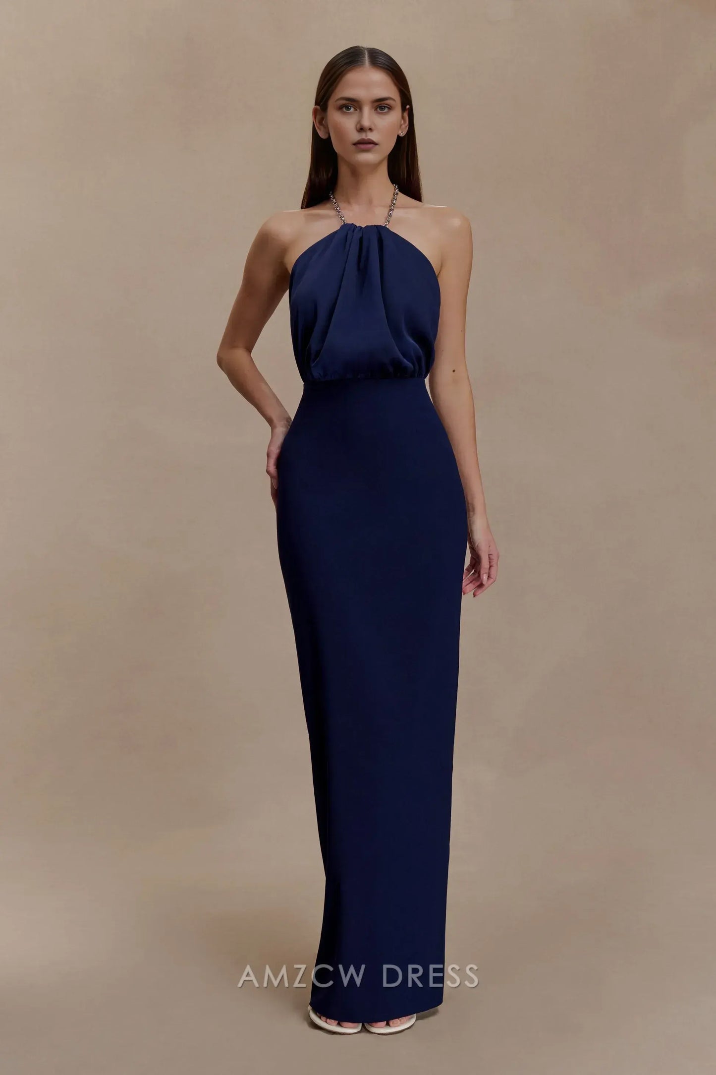 Elegant Chain Halter Neck Open Back Maxi Dress with Back Slit Prom Dress