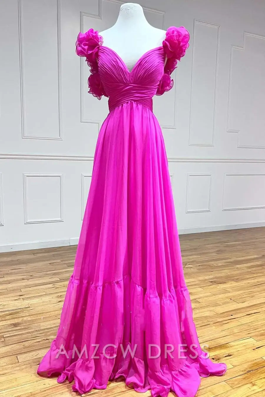 Amzcw Elegant Chiffon Lace-Up Ruffle Belted A-Line Prom Dress