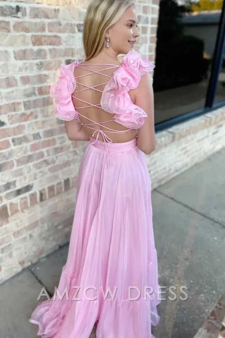 Amzcw Elegant Chiffon Lace-Up Ruffle Belted A-Line Prom Dress
