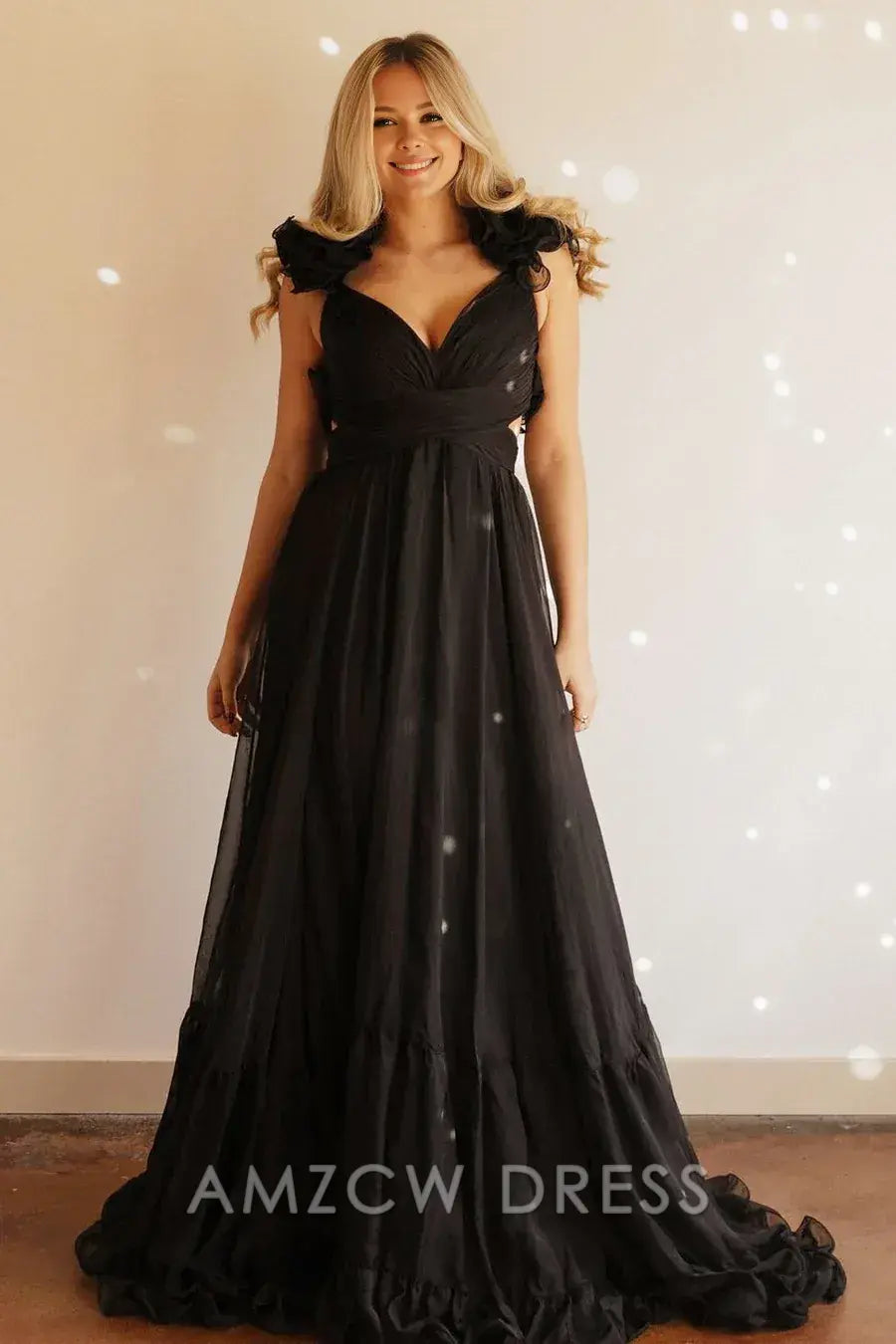 Amzcw Elegant Chiffon Lace-Up Ruffle Belted A-Line Prom Dress
