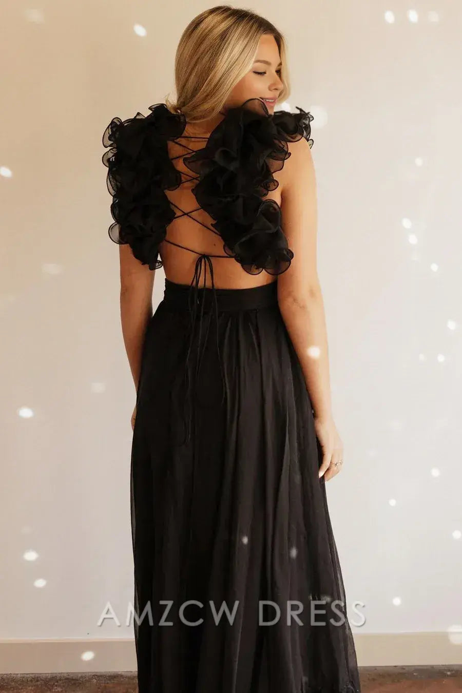 Amzcw Elegant Chiffon Lace-Up Ruffle Belted A-Line Prom Dress