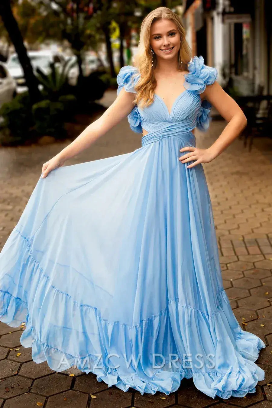 Amzcw Elegant Chiffon Lace-Up Ruffle Belted A-Line Prom Dress