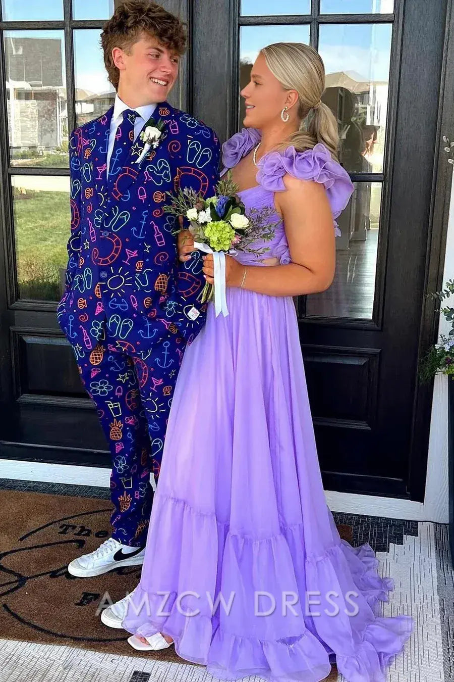 Amzcw Elegant Chiffon Lace-Up Ruffle Belted A-Line Prom Dress