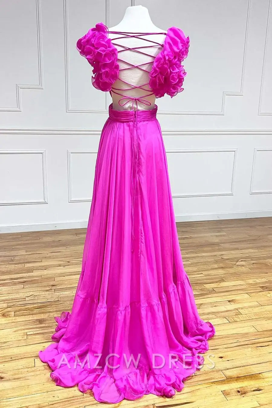 Amzcw Elegant Chiffon Lace-Up Ruffle Belted A-Line Prom Dress
