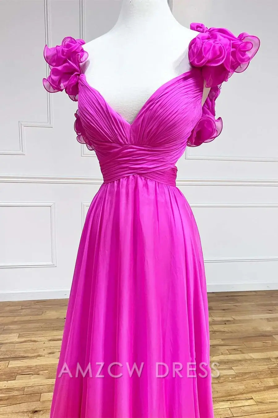 Amzcw Elegant Chiffon Lace-Up Ruffle Belted A-Line Prom Dress