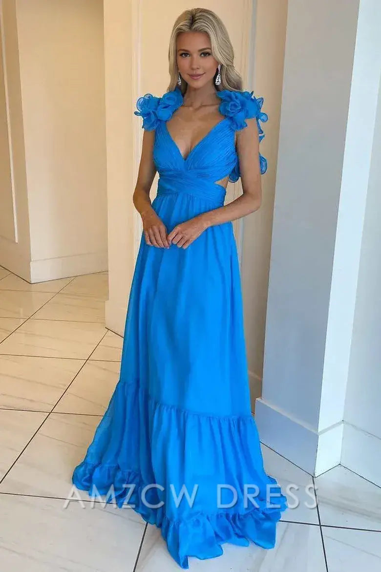 Amzcw Elegant Chiffon Lace-Up Ruffle Belted A-Line Prom Dress