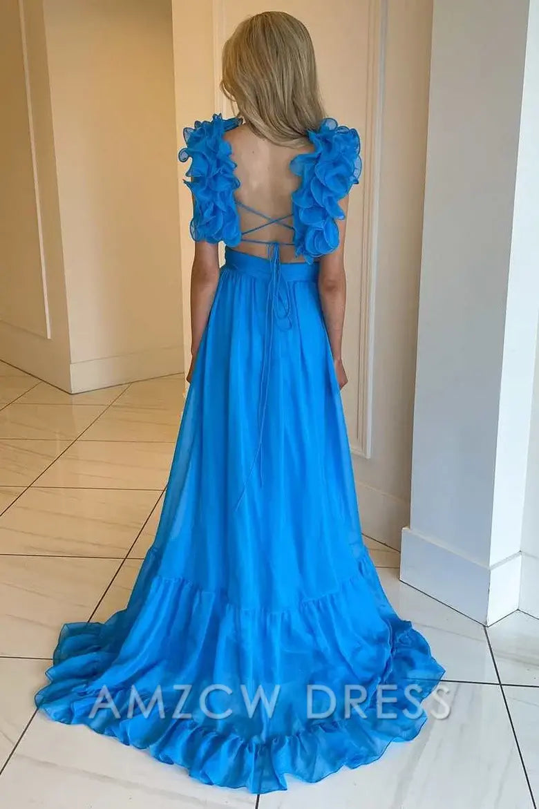 Amzcw Elegant Chiffon Lace-Up Ruffle Belted A-Line Prom Dress