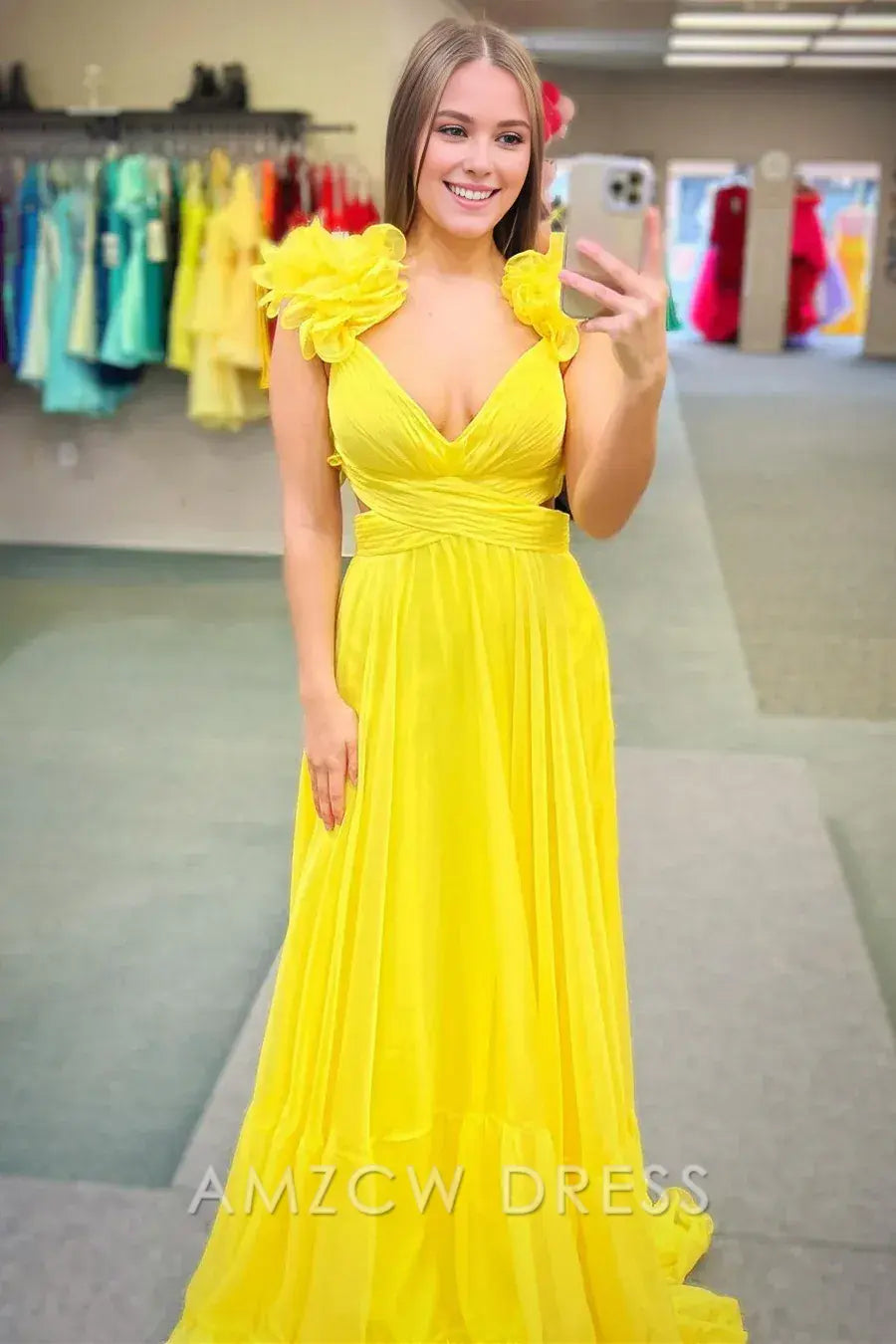 Amzcw Elegant Chiffon Lace-Up Ruffle Belted A-Line Prom Dress
