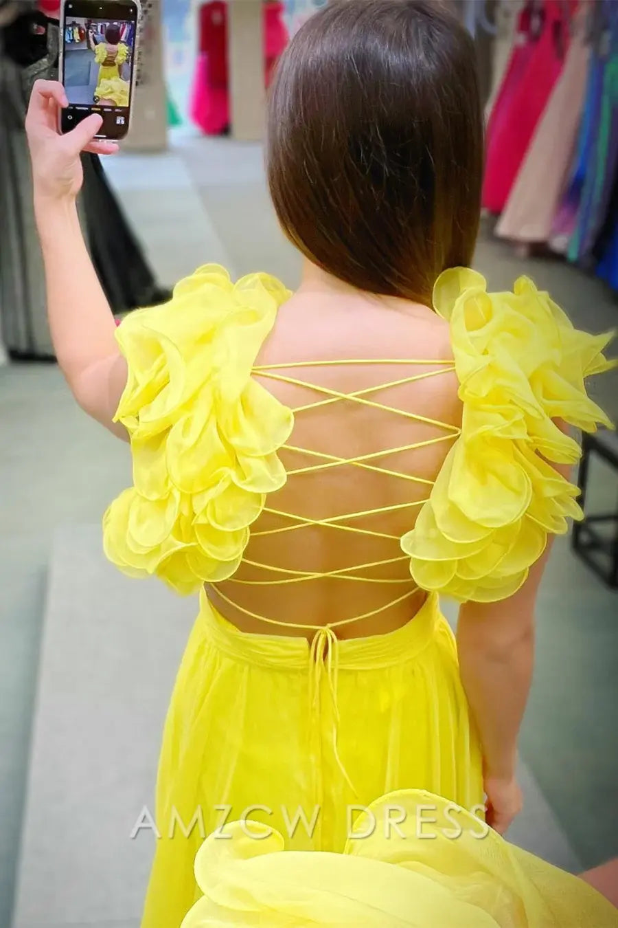 Amzcw Elegant Chiffon Lace-Up Ruffle Belted A-Line Prom Dress