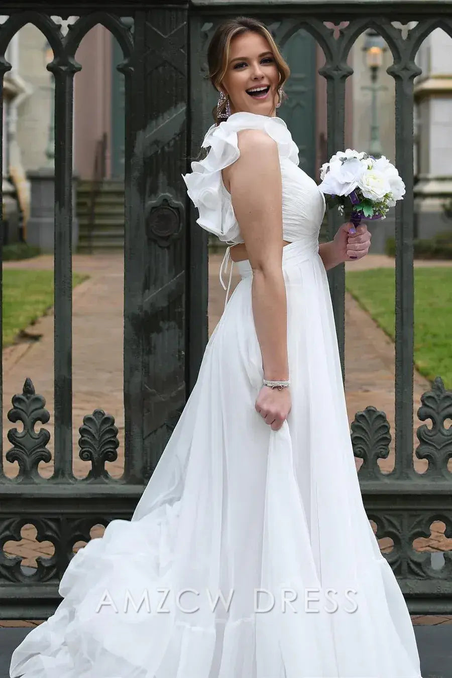 Amzcw Elegant Chiffon Lace-Up Ruffle Belted A-Line Prom Dress