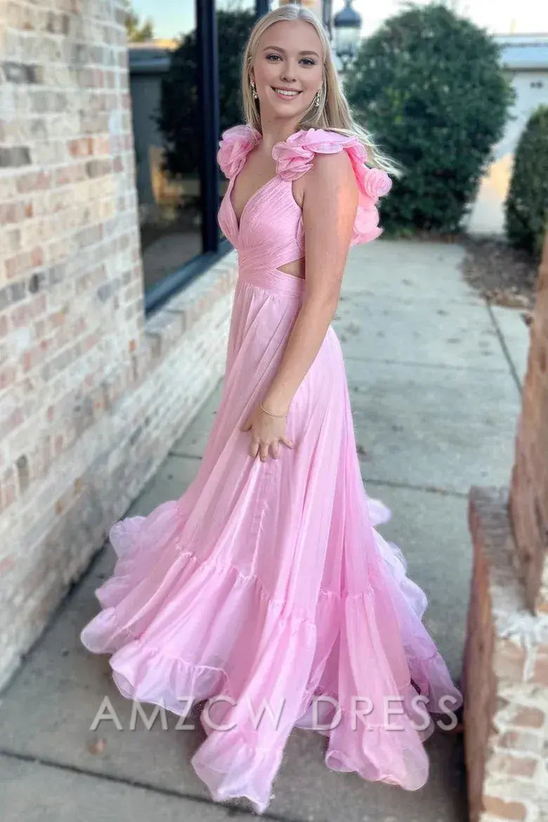 Amzcw Elegant Chiffon Lace-Up Ruffle Belted A-Line Prom Dress