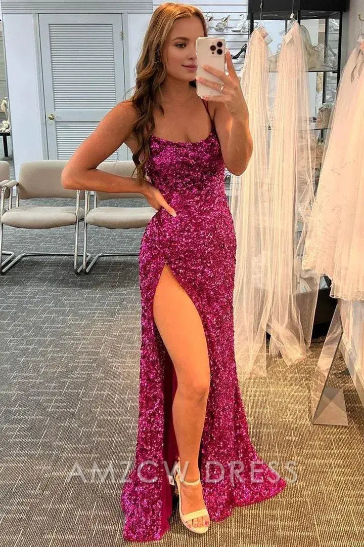 Amzcw Elegant Fuchsia Sequins Mermaid Long Formal Dress formal wear dresses