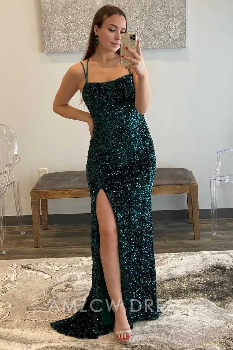 Amzcw Elegant Dark Green Sequins Mermaid Long Formal Dress formal wear dresses