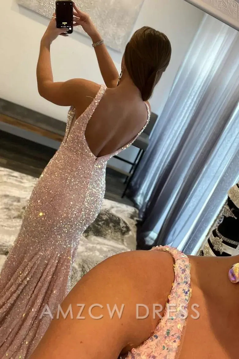 Amzcw Elegant Glitter Plunge Pink Sequin Trumpet Long Formal Dress
