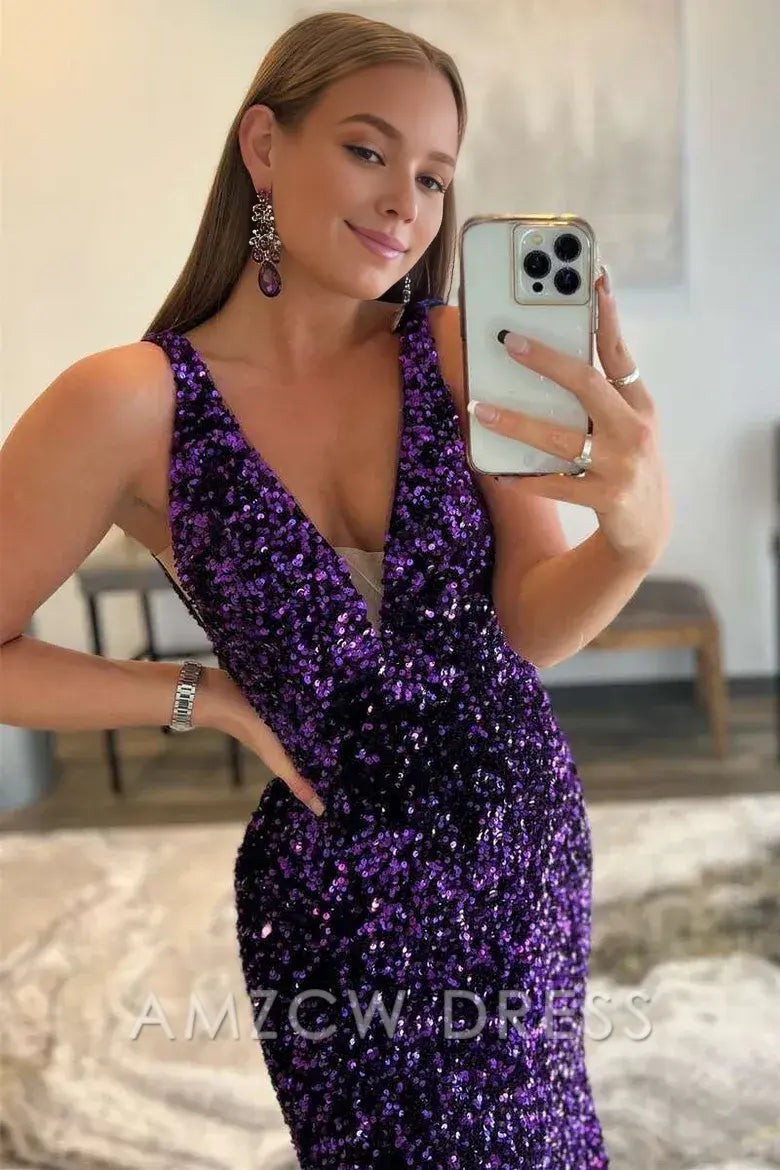 Amzcw Elegant Glitter Plunge Purple Sequin Trumpet Long Formal Dress