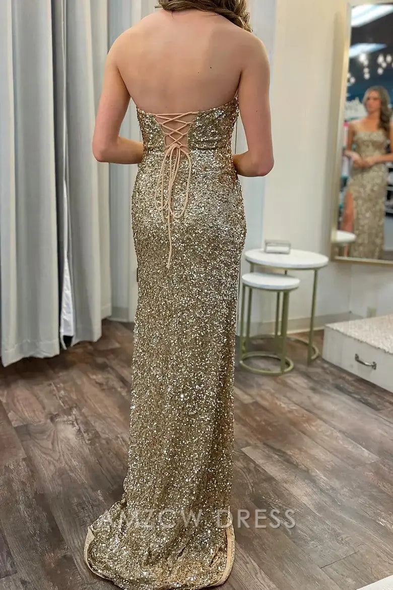 Amzcw Elegant Gold Sequin Strapless Backless Mermaid Long Prom Dress with Slit