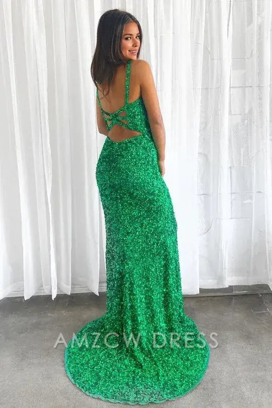 Amzcw Elegant Green Glitters Mermaid Long Formal Dress with Slit