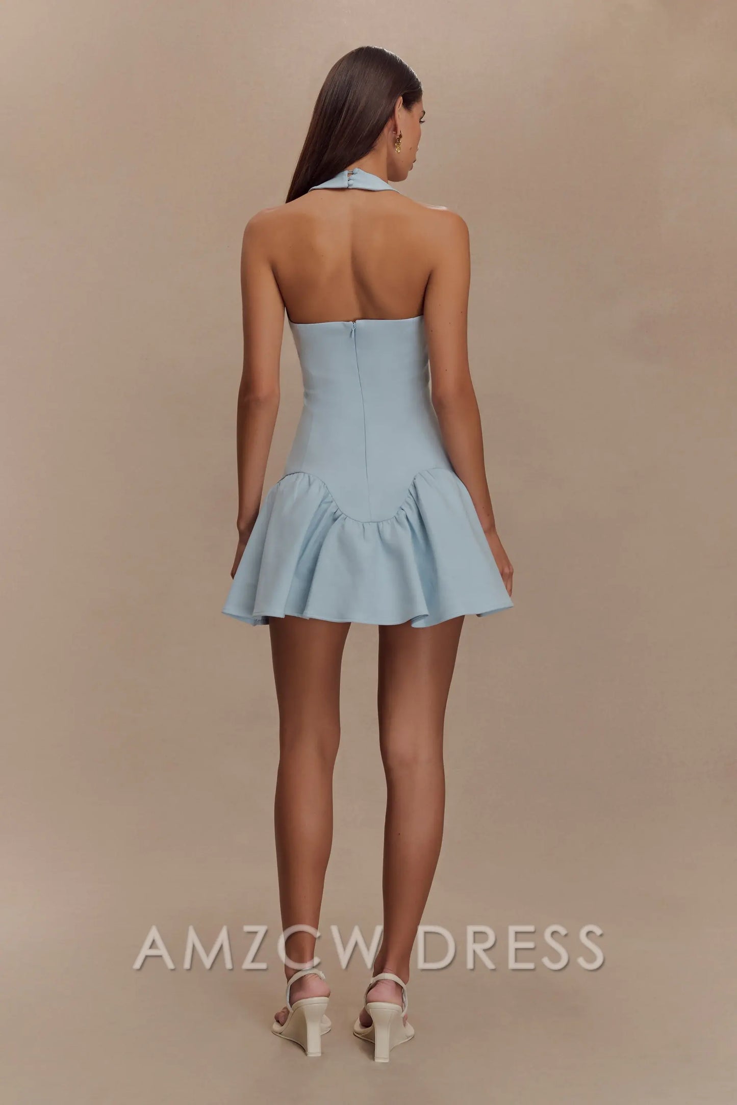 Amzcw Elegant Halter Mini Dress formal wear dresses - Cornflower Blue