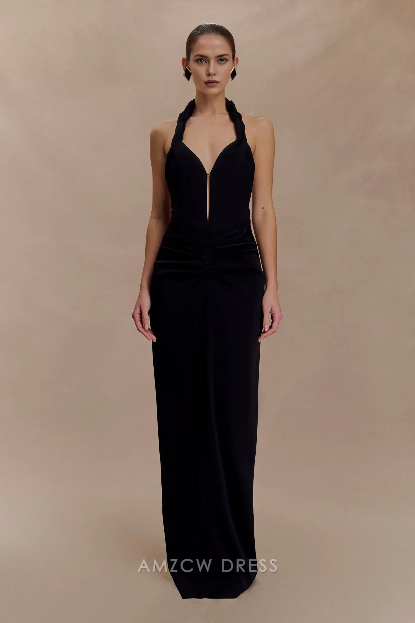 Elegant Halter Neck Plunging V - Neck Maxi Dress with Open Back Prom Dress