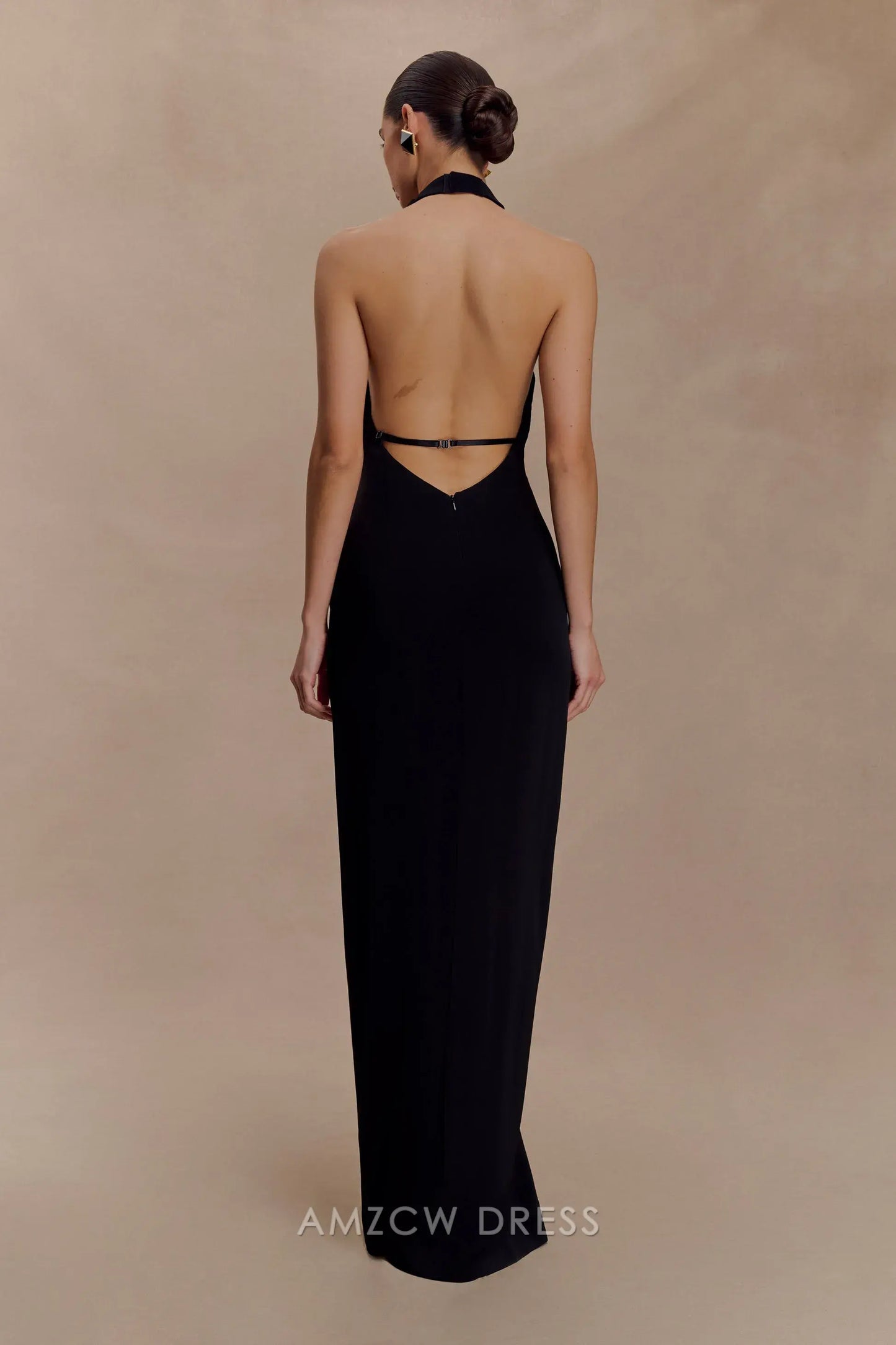 Elegant Halter Neck Plunging V - Neck Maxi Dress with Open Back Prom Dress