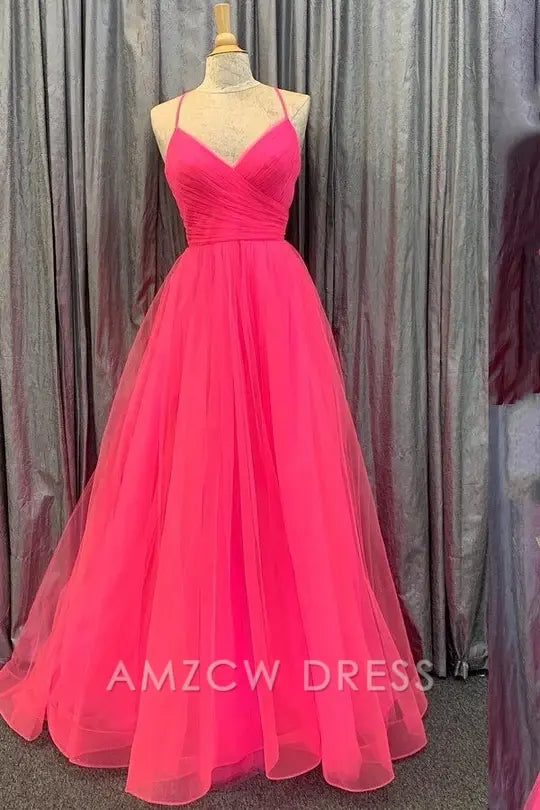 Amzcw Elegant Hot Pink Lace-Up Back Pleated A-line Long Prom Dress
