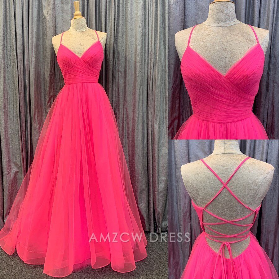 Amzcw Elegant Hot Pink Lace-Up Back Pleated A-line Long Prom Dress