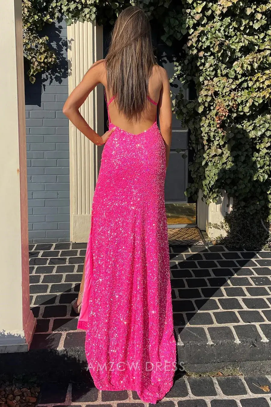 Amzcw Elegant Hot Pink Sequined V-Neck Backless Long Prom Dress