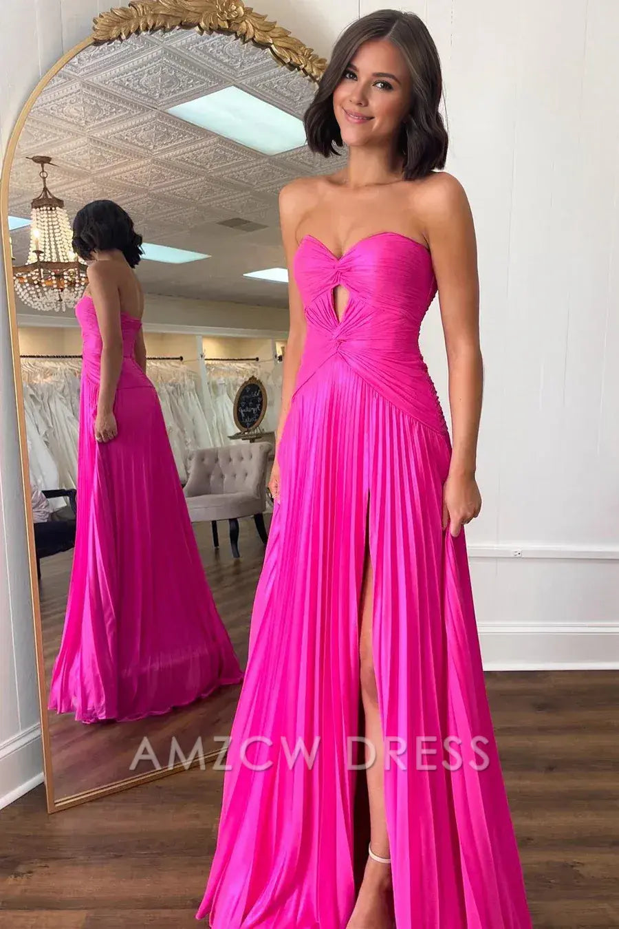 Amzcw Elegant Hot Pink Strapless Keyhole Pleated A-Line Prom Dress