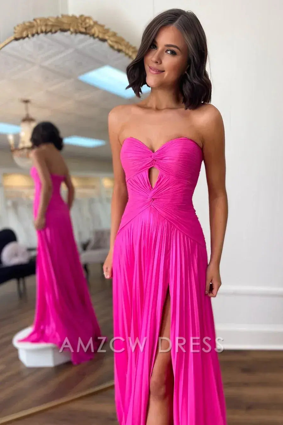 Amzcw Elegant Hot Pink Strapless Keyhole Pleated A-Line Prom Dress