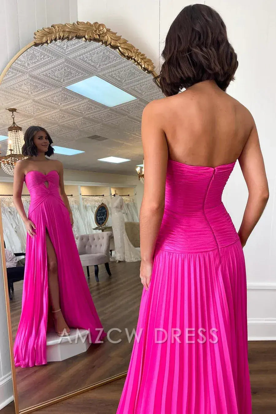 Amzcw Elegant Hot Pink Strapless Keyhole Pleated A-Line Prom Dress