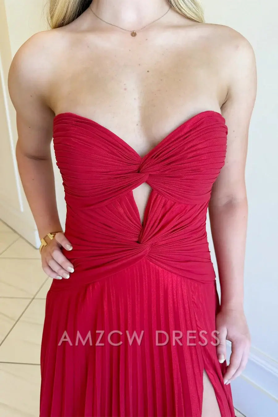 Amzcw Elegant Red Strapless Keyhole Pleated A-Line Prom Dress