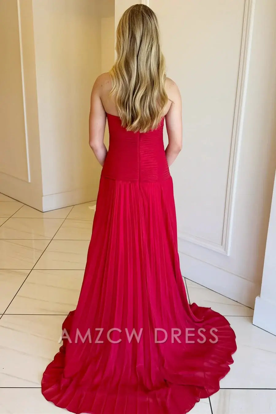 Amzcw Elegant Red Strapless Keyhole Pleated A-Line Prom Dress